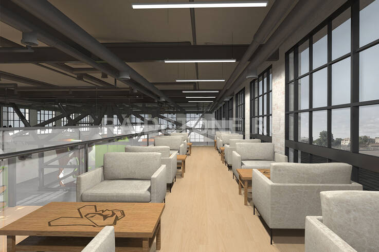 Проект интерьера коворкинг-центра (второй этаж, подиум, ресепшн)