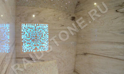 Облицовка стен, пола и лежаков турецкой бани мрамором Палисандро классико