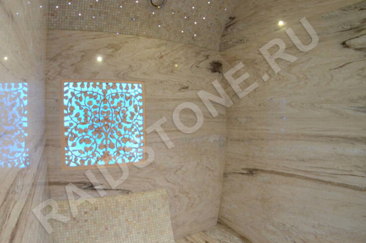 Облицовка стен, пола и лежаков турецкой бани мрамором Палисандро классико